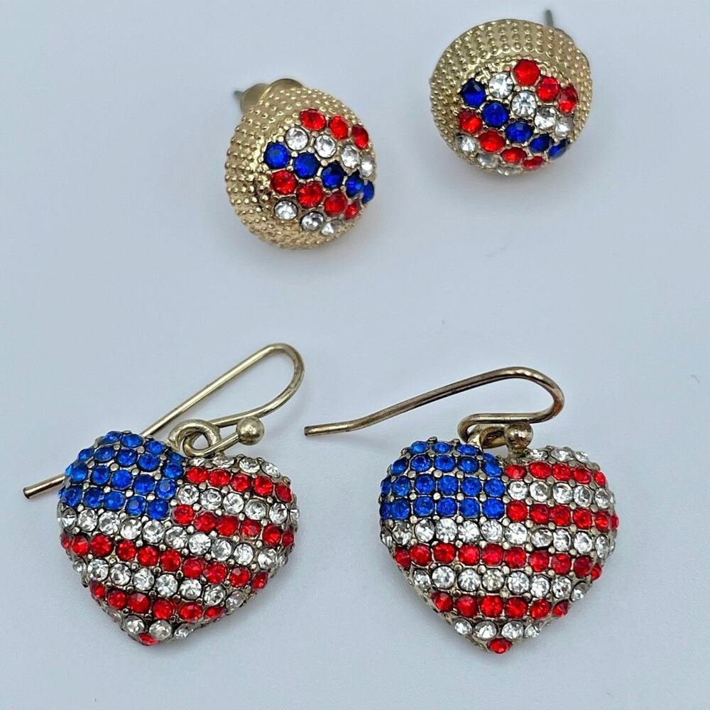 Vintage 90s USA Flag Heart & Stud Gold Tone Earrings Set Women's Classic Jewelry